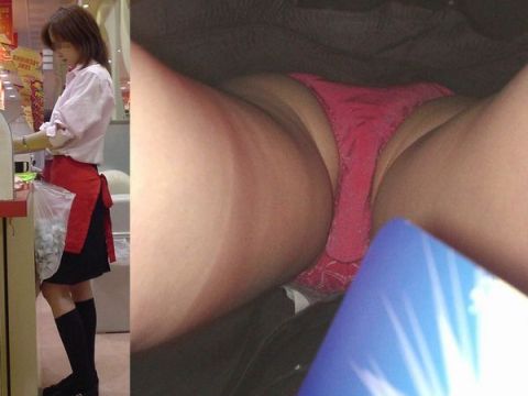 お仕事中の店員さんってパンツ見放題!?無防備な下半身まる見え…完全にアウトなローアングルエロ画像